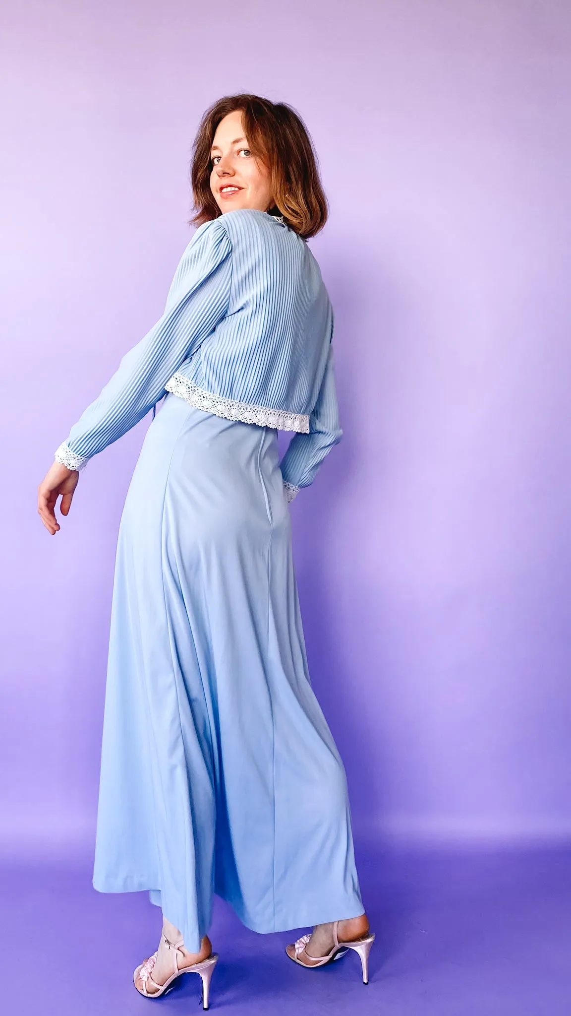 1970s Powder Blue Maxi Dress with Matching Jacket, sz. M