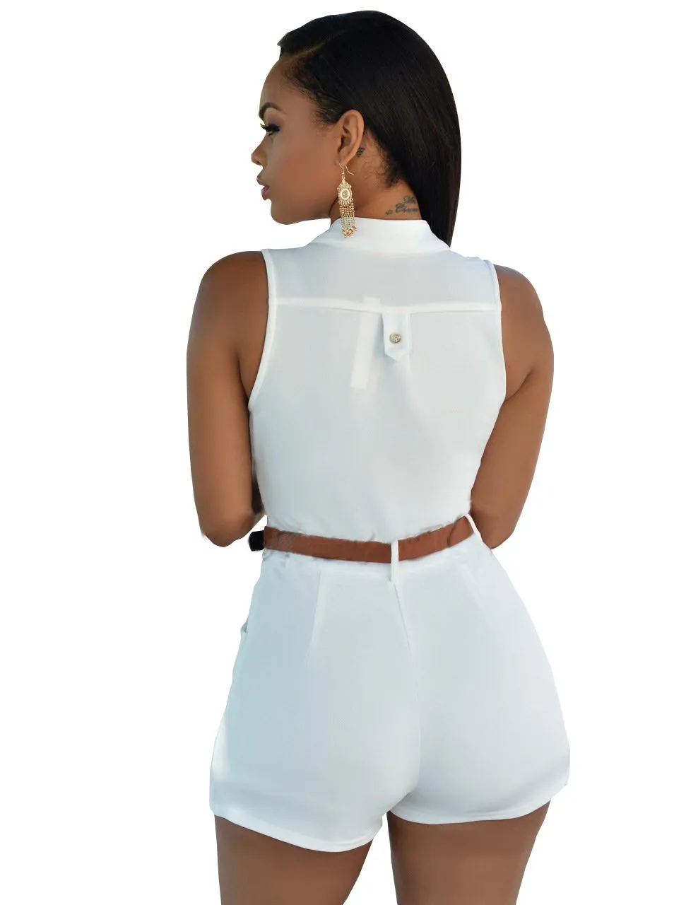 Casual Sleeveless Standing Collar Solid Color Playsuits