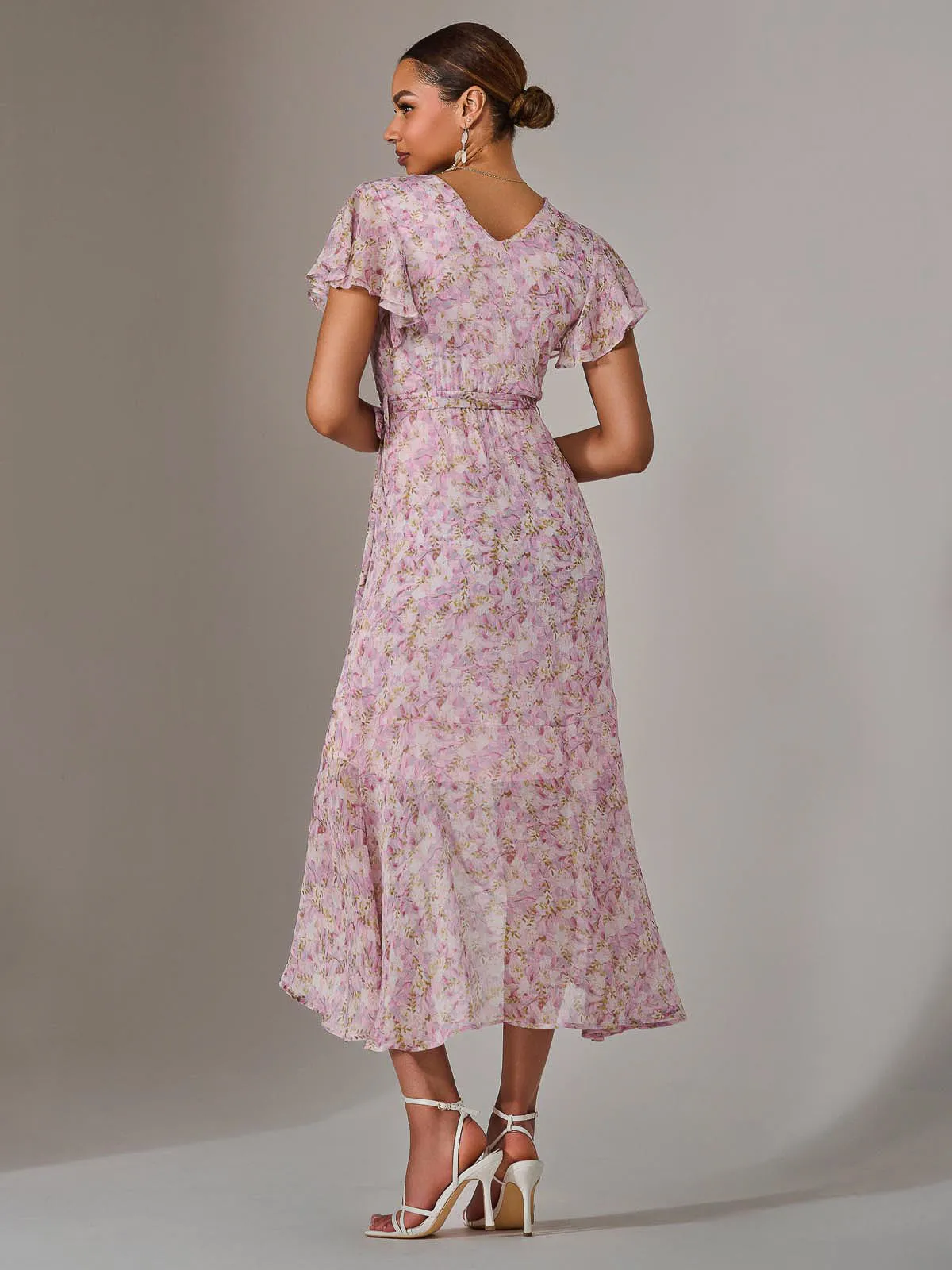 Chiffon Wrap Midi Dress, Pink Floral