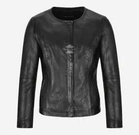 FERN Ladies Leather Collarless Jacket Biker Casual Fashion Jacket