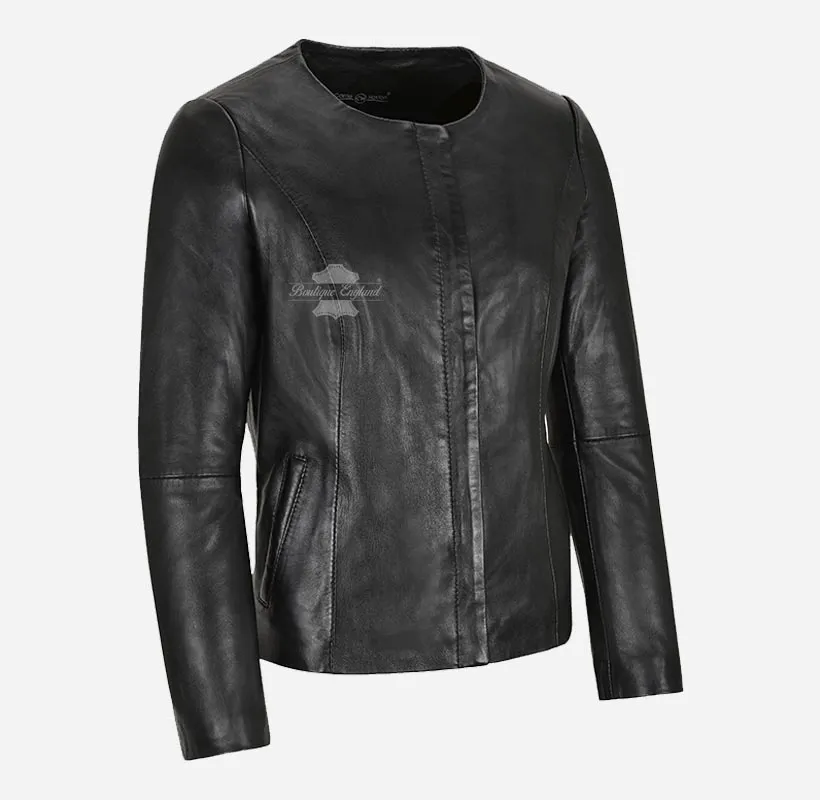 FERN Ladies Leather Collarless Jacket Biker Casual Fashion Jacket