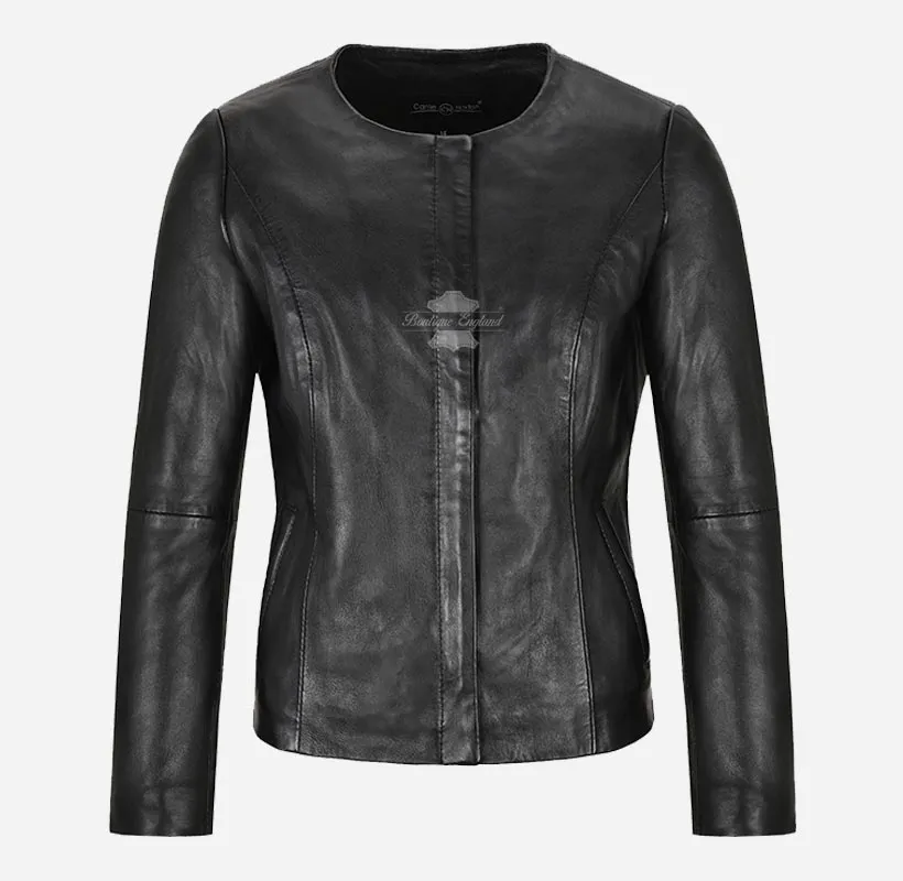 FERN Ladies Leather Collarless Jacket Biker Casual Fashion Jacket
