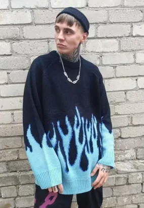 Flame sweater oversize knitted fire jumper Korean top blue