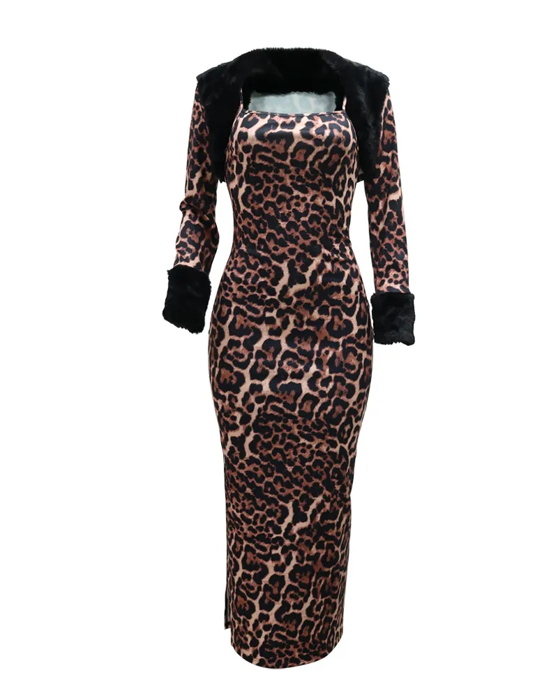 Hairy Long-Sleeve Leopard Printed Suit