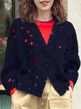 Navy Polka-Dot Felted Open Front Woollen Crop Jacket