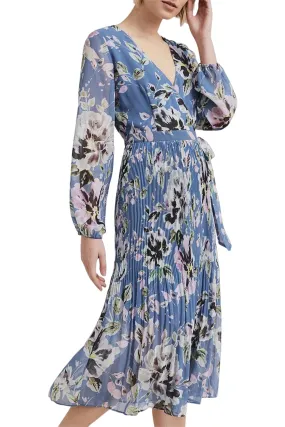 Pleated Floral Wrap Midi Dress