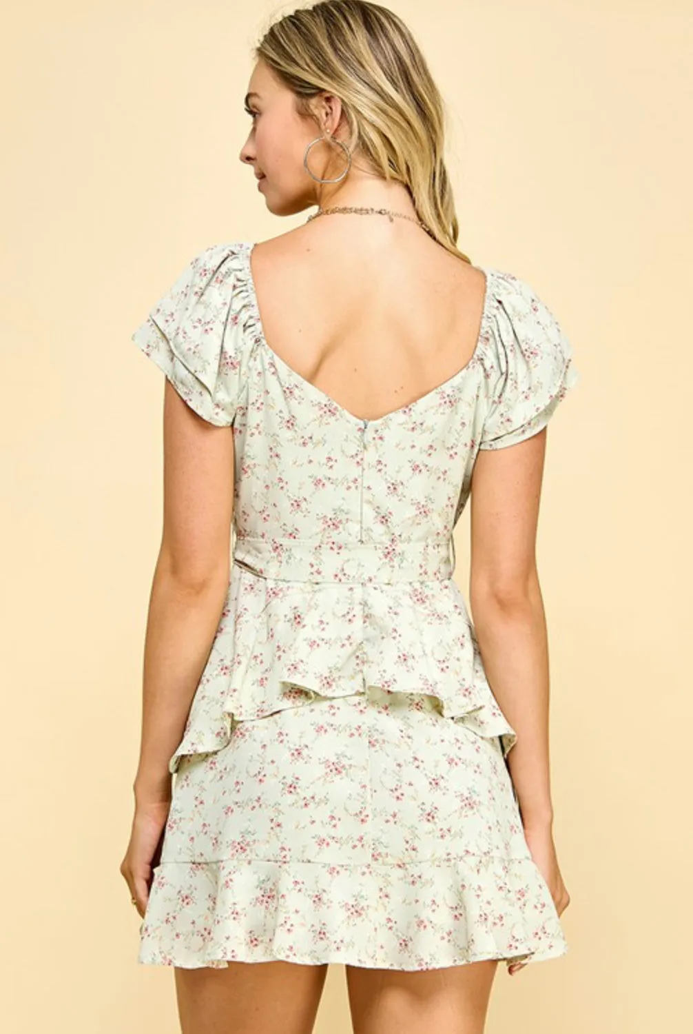 Sage green floral ruffle mini dress with cap sleeves