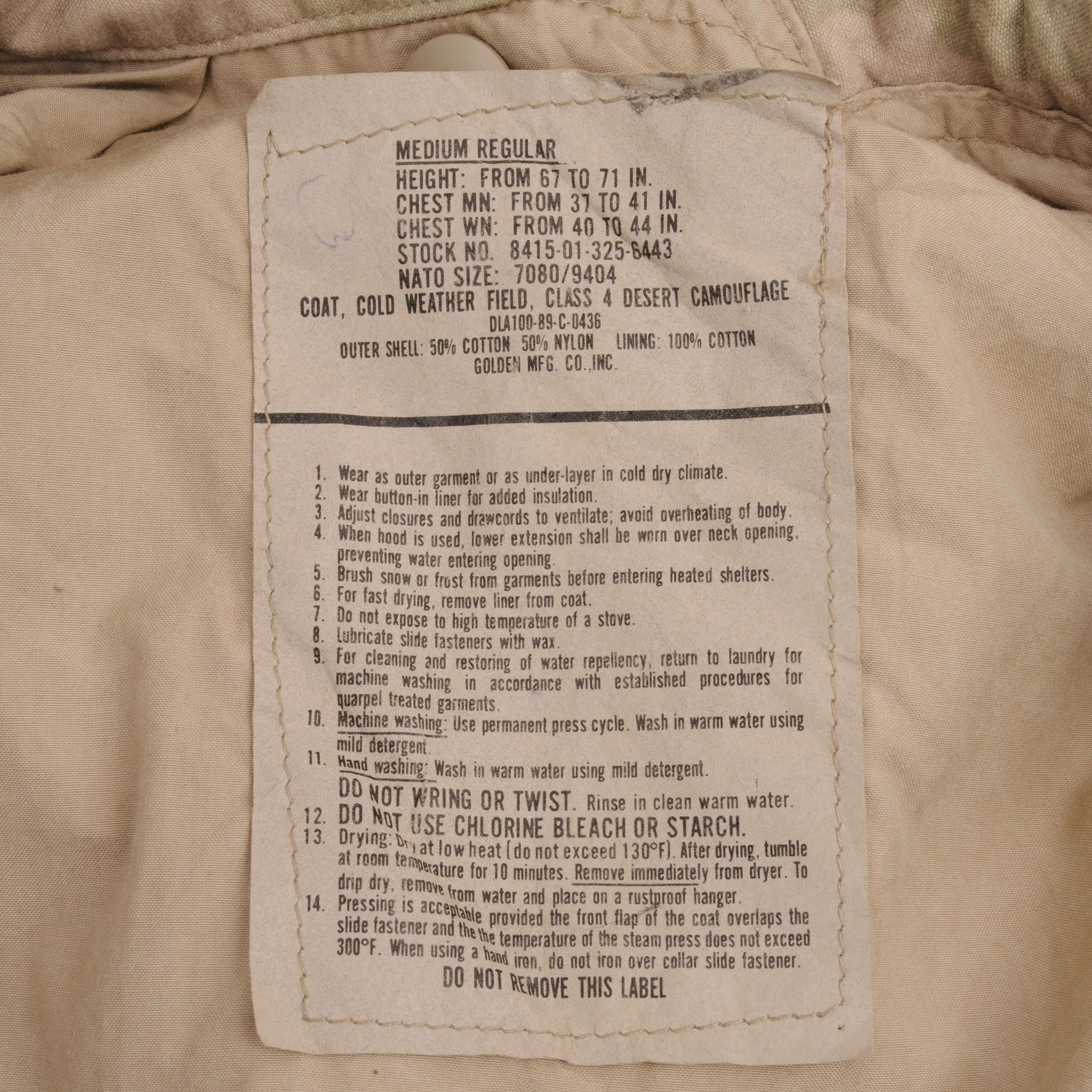 VINTAGE US ARMY M65 FIELD JACKET DESERT CAMO 1989 OPERATION DESERT STORM MEDIUM